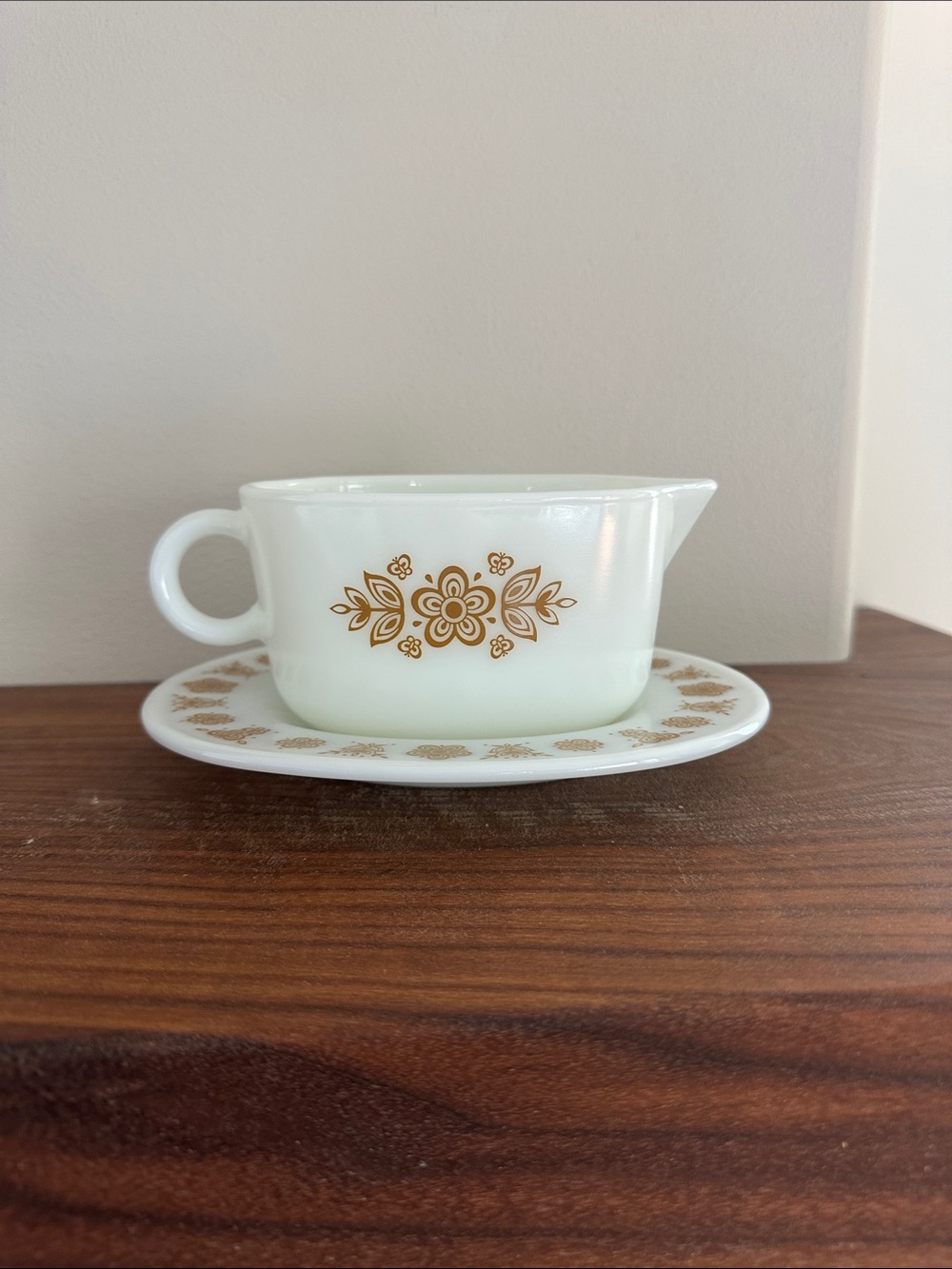 Vintage White & Gold Floral Gravy Boat with Saucer